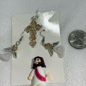 Crystal Cross and Angel Earrings Set